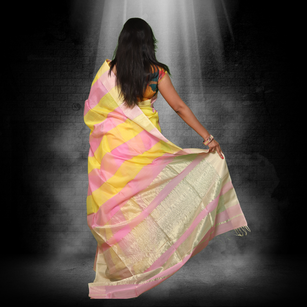 Maheshwari Silk by Cotton Saree with Yellow and Pink Stripes