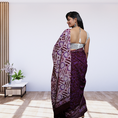 Bagru  Print Cotton Linen Saree -Wine colour