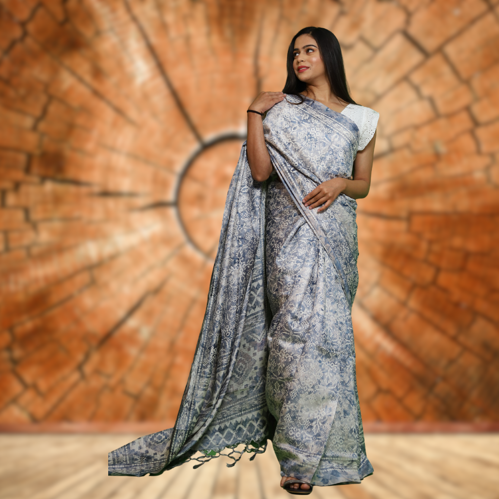 Jute  Silk  Saree with Digital Print and Light grey colour