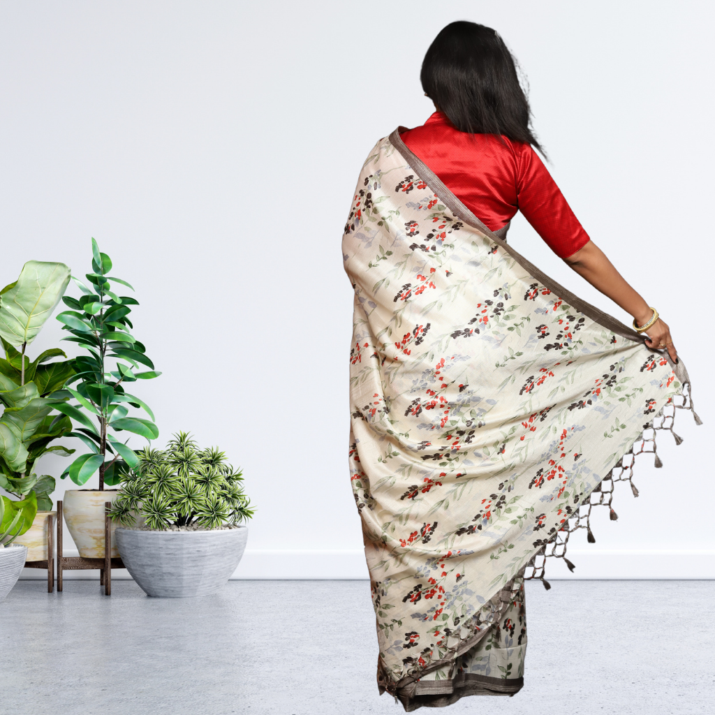 Jute  Silk  Saree with Digital print and Off white colour