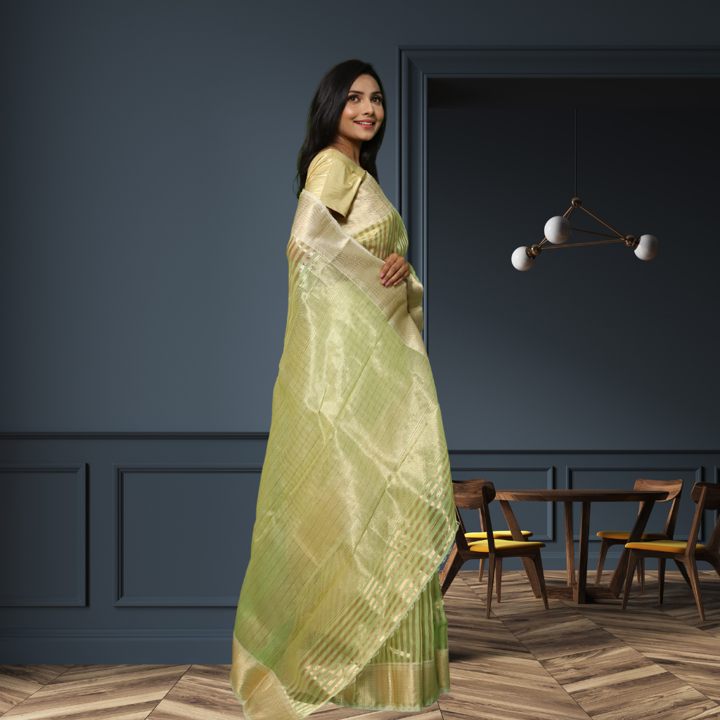 Maheshwari Silk by Cotton  Saree with Light Parrot Green and Golden Strips