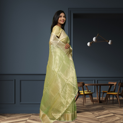 Maheshwari Silk by Cotton  Saree with Light Parrot Green and Golden Strips