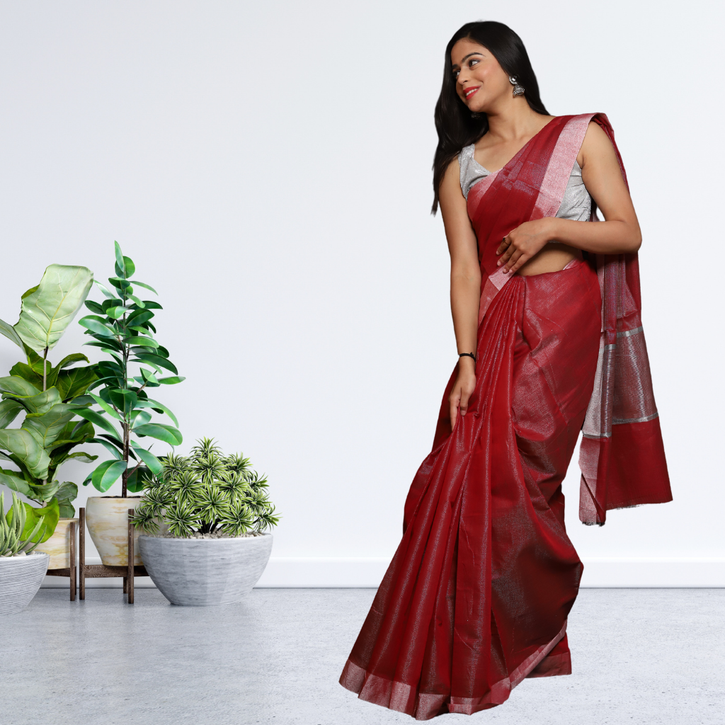 Tissue Linen  Saree -Dark Red colour