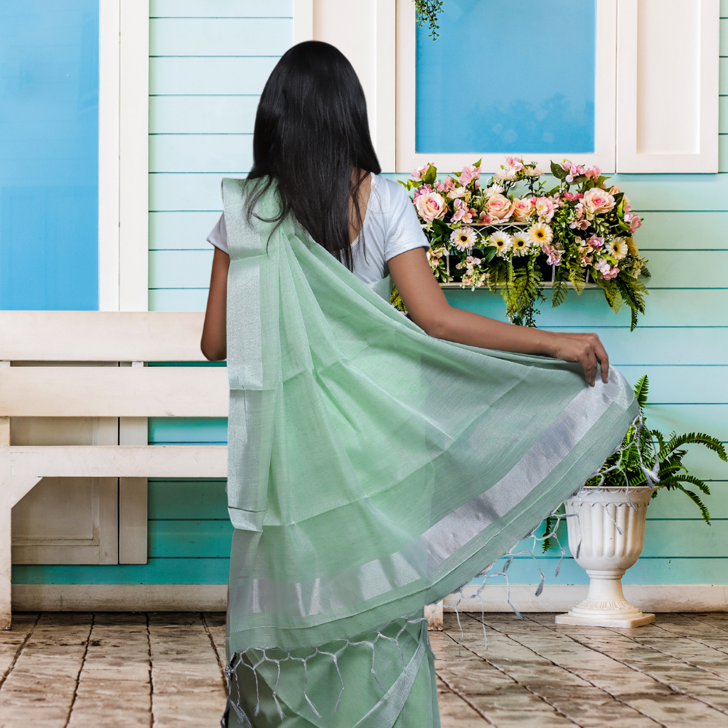 Tissue Linen  Saree -Light Green colour