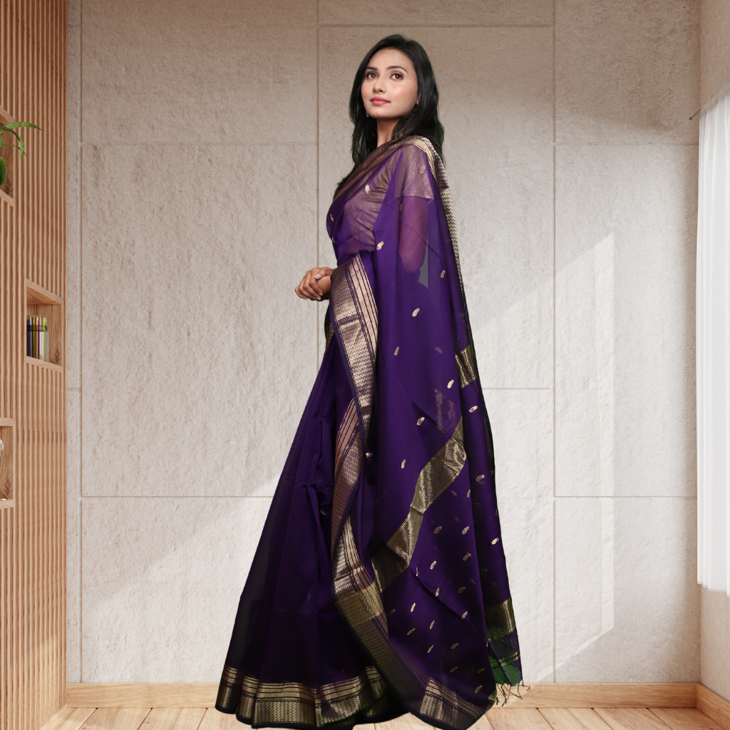 Maheshwari Silk by Cotton saree with Bootie and Purple colour