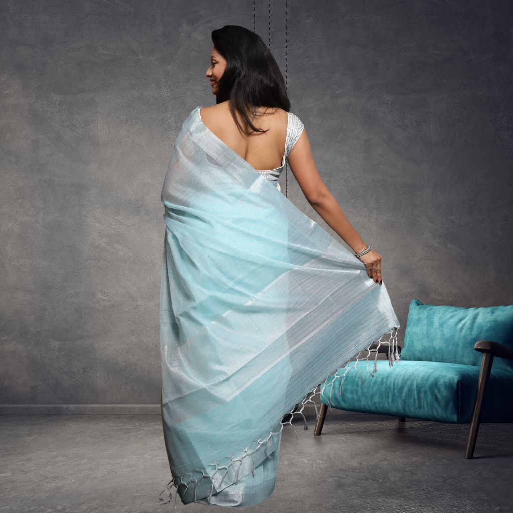 Tissue Linen  Saree -Light Skyblue colour