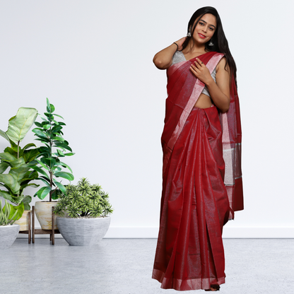 Tissue Linen  Saree -Dark Red colour