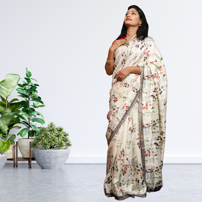 Jute  Silk  Saree with Digital print and Off white colour