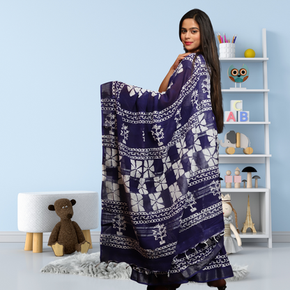 Bagru Print Cotton Linen Saree - Indigo colour