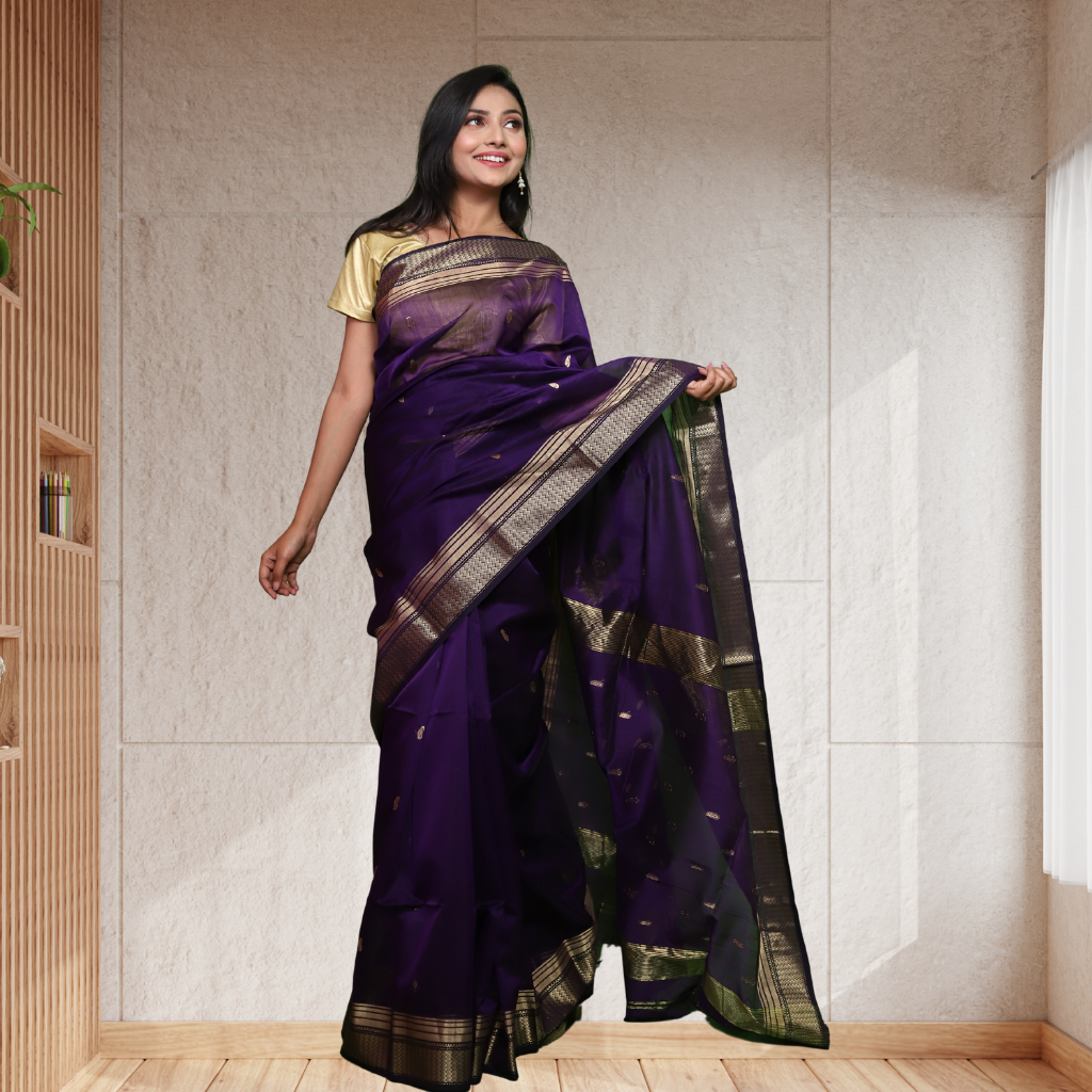 Maheshwari Silk by Cotton saree with Bootie and Purple colour