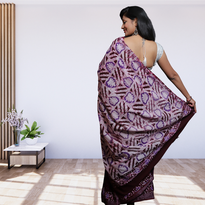 Bagru  Print Cotton Linen Saree -Wine colour