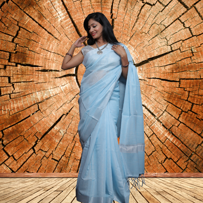 Tissue Linen  Saree- Light Blue