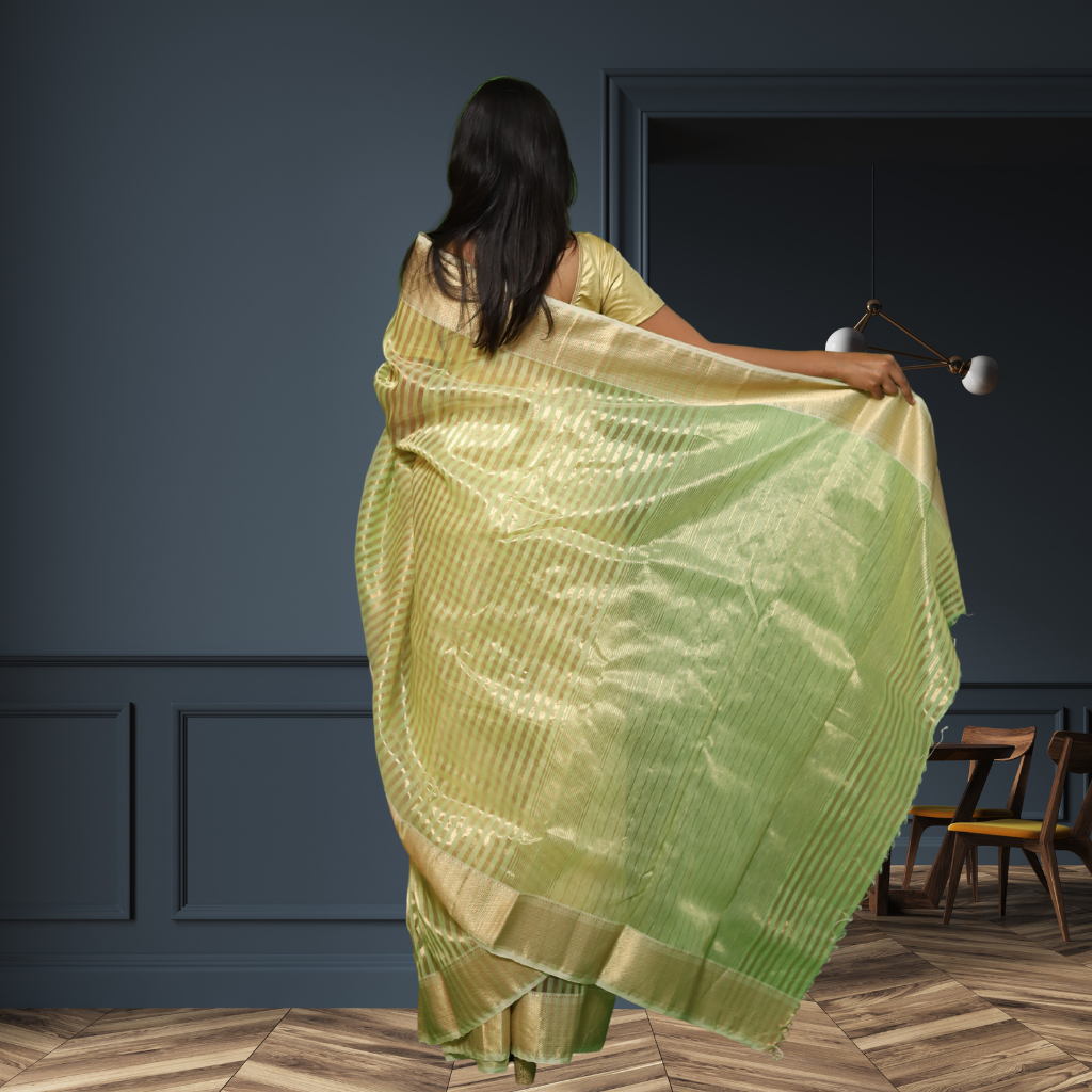 Maheshwari Silk by Cotton  Saree with Light Parrot Green and Golden Strips