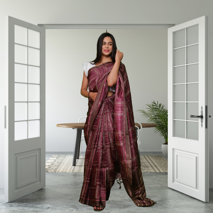 Jute Silk  Saree with Digital Print and Maroon colour