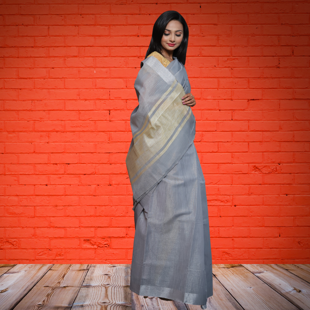 Gray Linen Saree with Wide Border – Shobitam