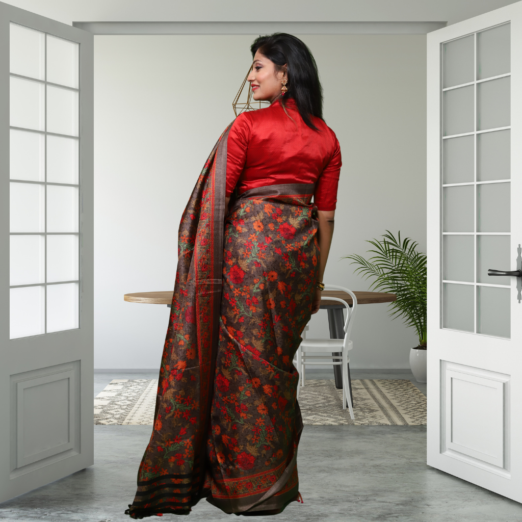 Jute Silk Saree with Digital Print and Brown colour