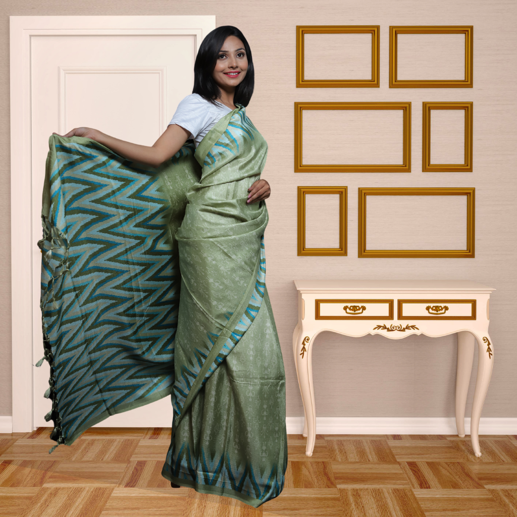 Jute  Silk  Saree with Digital print and Light sage Green colour