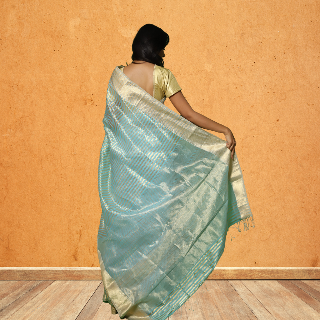 Maheshwari Silk by Cotton  Saree with Light Skyblue and Golden Strips