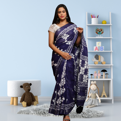 Bagru Print Cotton Linen Saree - Indigo colour