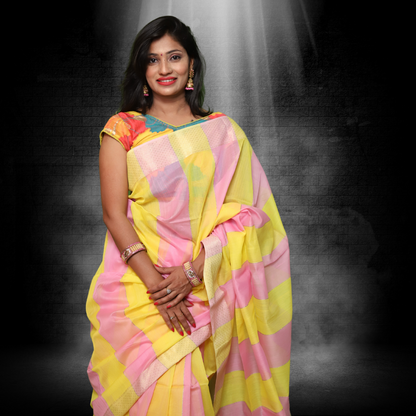 Maheshwari Silk by Cotton Saree with Yellow and Pink Stripes