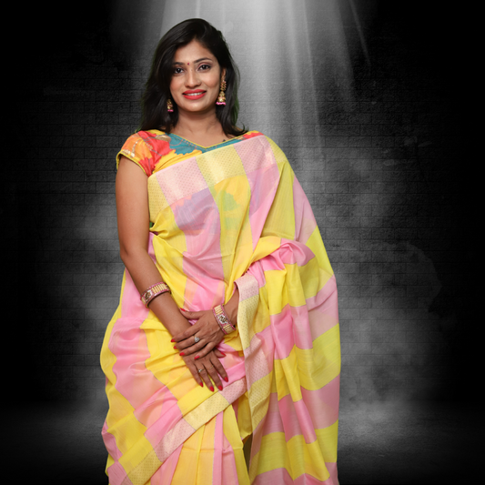 Maheshwari Silk by Cotton Saree with Yellow and Pink Stripes