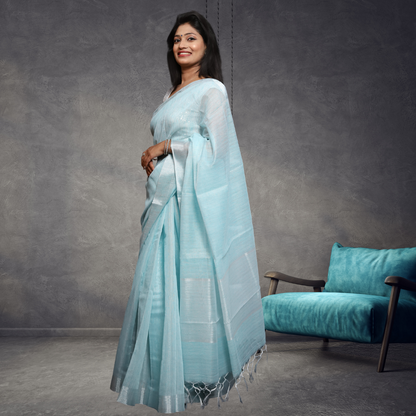 Tissue Linen  Saree -Light Skyblue colour