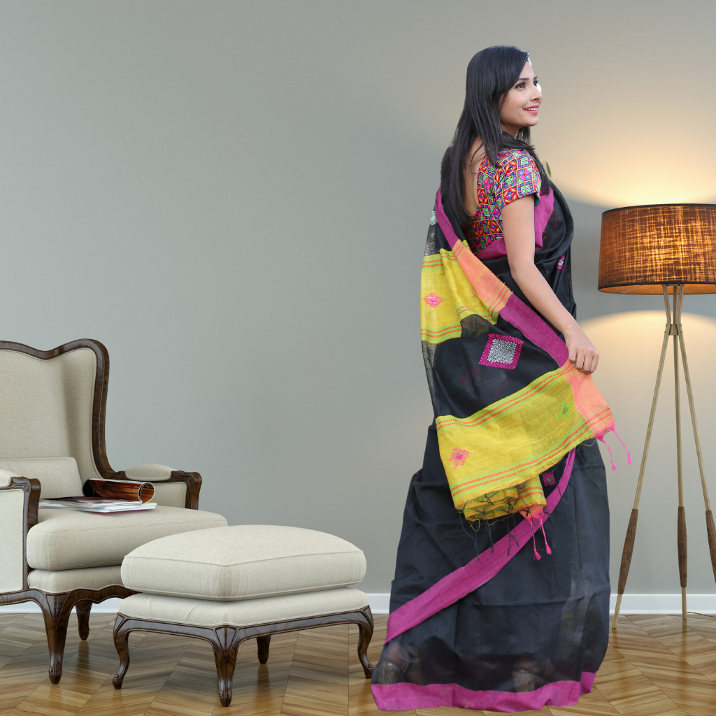 Handloom Cotton Silk saree -Black colour