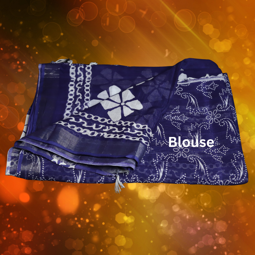 Bagru Print Cotton Linen Saree - Indigo colour