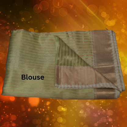 Maheshwari Silk by Cotton  Saree with Light Parrot Green and Golden Strips