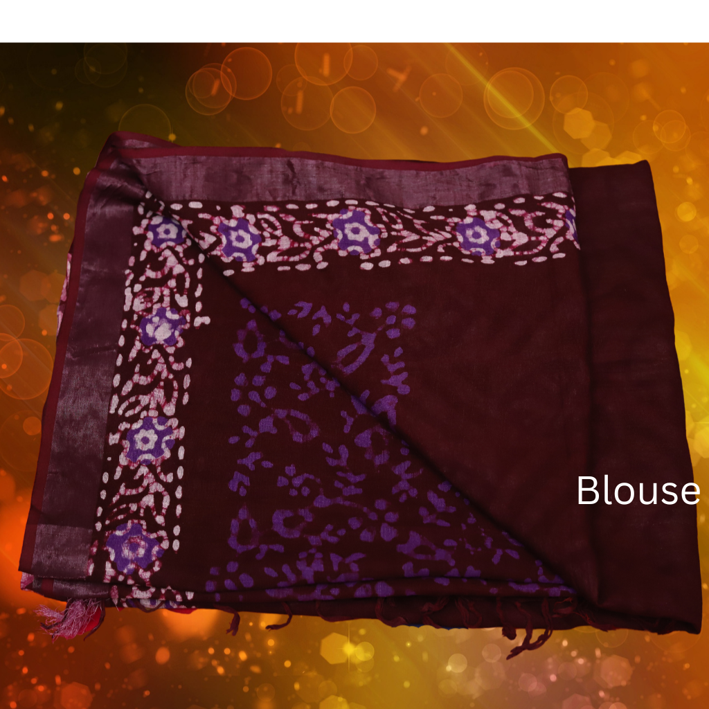 Bagru  Print Cotton Linen Saree -Wine colour